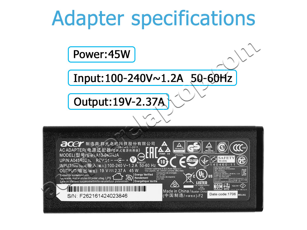 Original 45W Acer Aspire ES1-512 MS2394 AC Adapter Lader