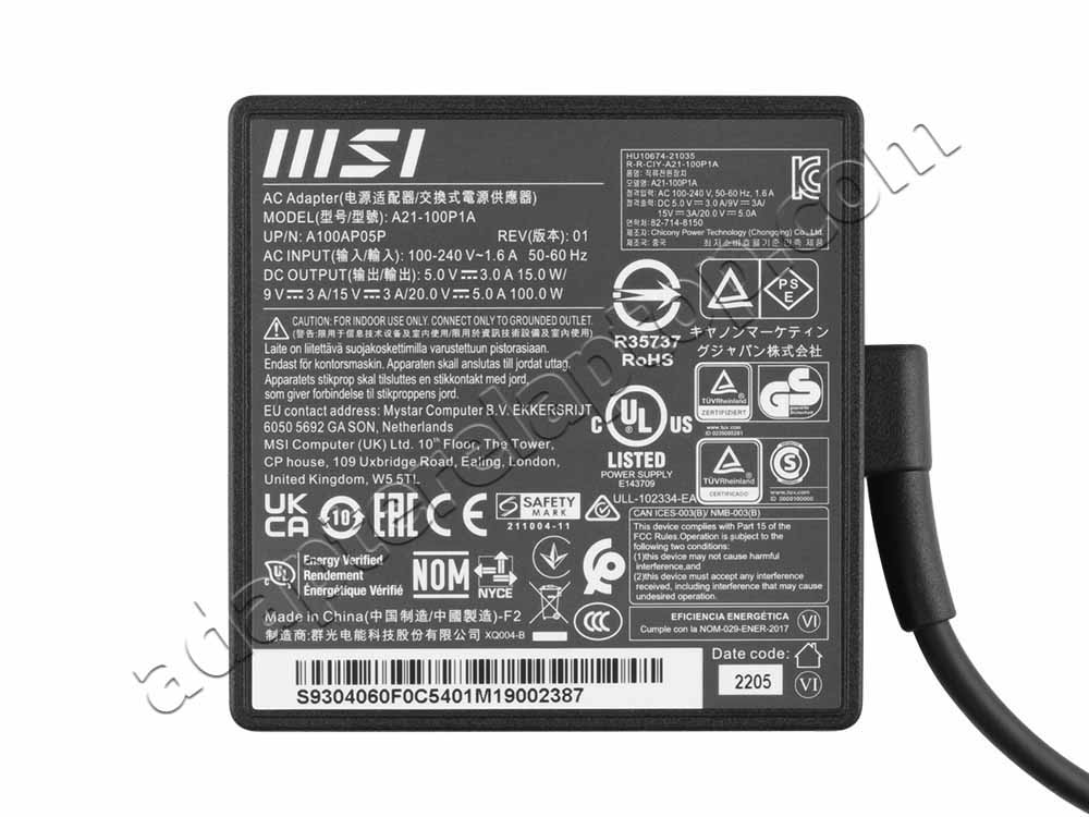 Original 100W USB-C MSI Prestige 14 AI Evo C1MG AC Adapter Lader + kabel